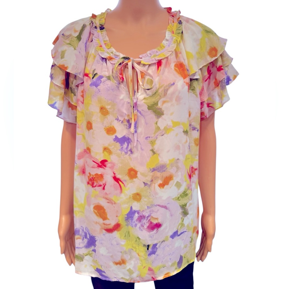 CYNTHIA ROWLEY Colorful Floral Triple Ruffle Short Sleeve Front Tie NWT 2X